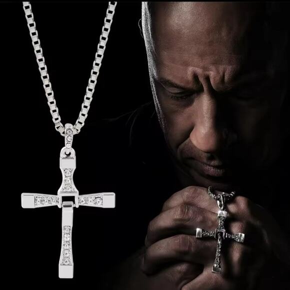 Silver Cross Necklace Fast & Furious CZ Diamonds Christian Vin Diesel Faith Gift - Picture 8 of 8